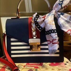 Aldo Red, Navy, and White Satchel with Gold Hardware